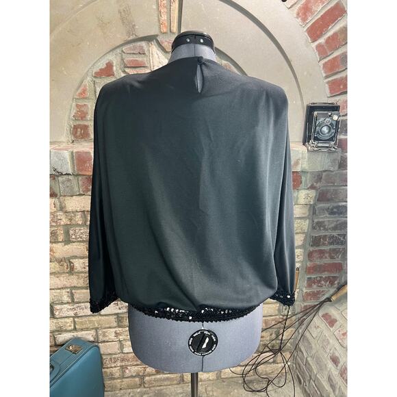 Blouse black sequin hem cuffs shoulder pads 1980s glam - Picture 5 of 8